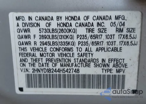 2004 Acura Mdx from USA, damaged, VIN 2HNYD18244H542748